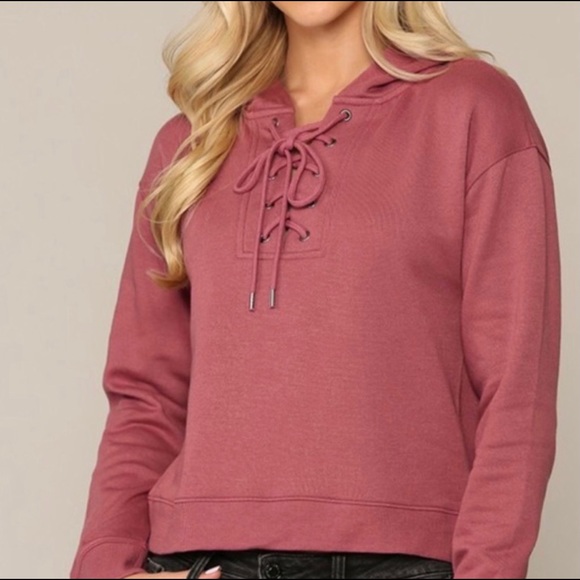 New! Sale 🎉SOFT! Lace Up Mauve Trendy Cropped Sweatshirt Hoodie warm - Picture 4 of 6